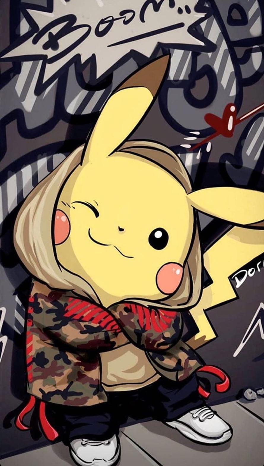 Pikachu in Streetwear Hoodie and Camo Jacket Against Urban Graffiti Wall HD phone wallpaper