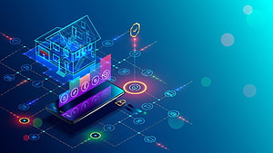 Smart Home Technology Concept with Holographic House and Smartphone Control Interface HD wallpaper