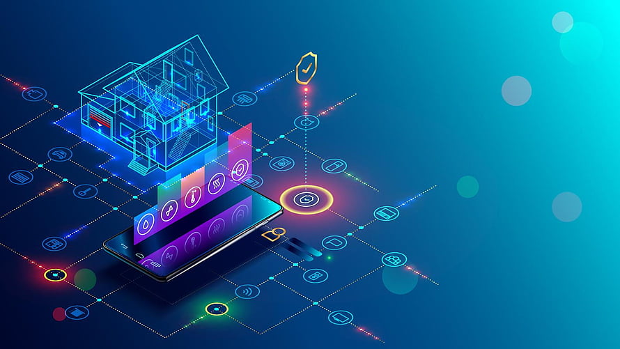 Smart Home Technology Concept with Holographic House and Smartphone Control Interface HD wallpaper
