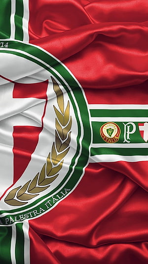 Palestra Italia Club Crest on Flowing Red Green and White Silk Fabric HD phone wallpaper