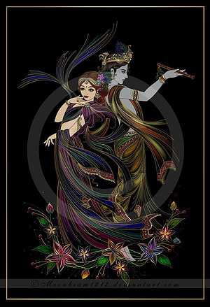 Radhe Shyam Divine Couple in Ornate Flowing Sarees with Floral Motifs on Black Background HD phone wallpaper