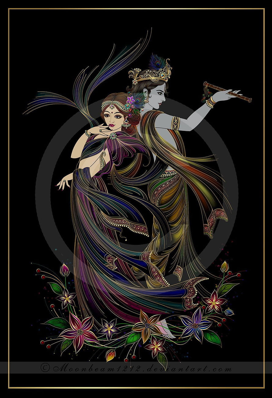 Radhe Shyam Divine Couple in Ornate Flowing Sarees with Floral Motifs on Black Background HD phone wallpaper