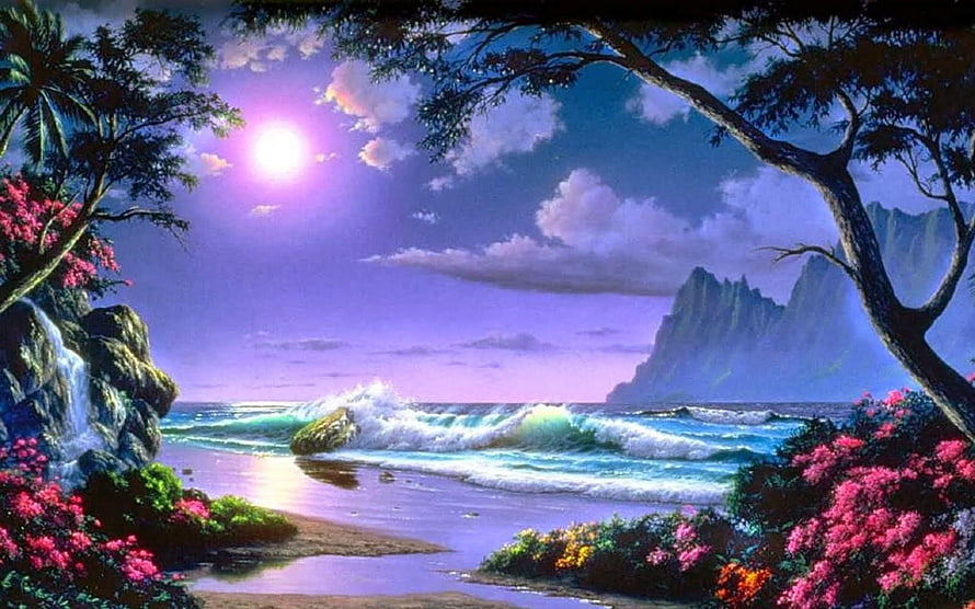 Tropical Beach Landscape With Waterfall, Pink Flowers, and Distant Mountains Under a Purple Sky HD wallpaper