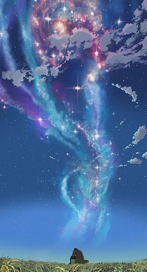 Hoshi wo Ou Kodomo Anime Night Sky with Luminous Nebula and Silhouette HD phone wallpaper