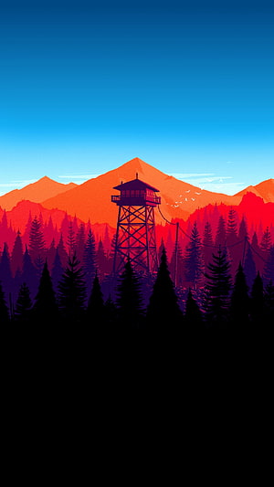 Stylized Fire Watchtower Silhouette Against Vibrant Sunset Mountain Range HD phone wallpaper