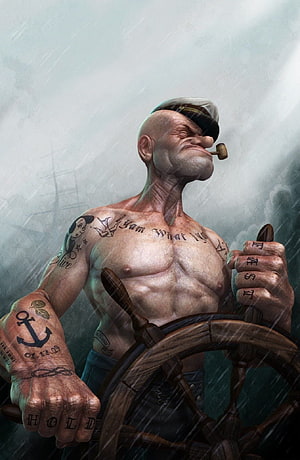 Popeye the Sailor Man gripping a ship's wheel in a stormy sea with tattoos and pipe HD phone wallpaper