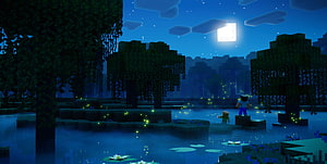 Minecraft Nighttime Swamp Biome Concept Art with Fireflies and Moonlit Water HD wallpaper
