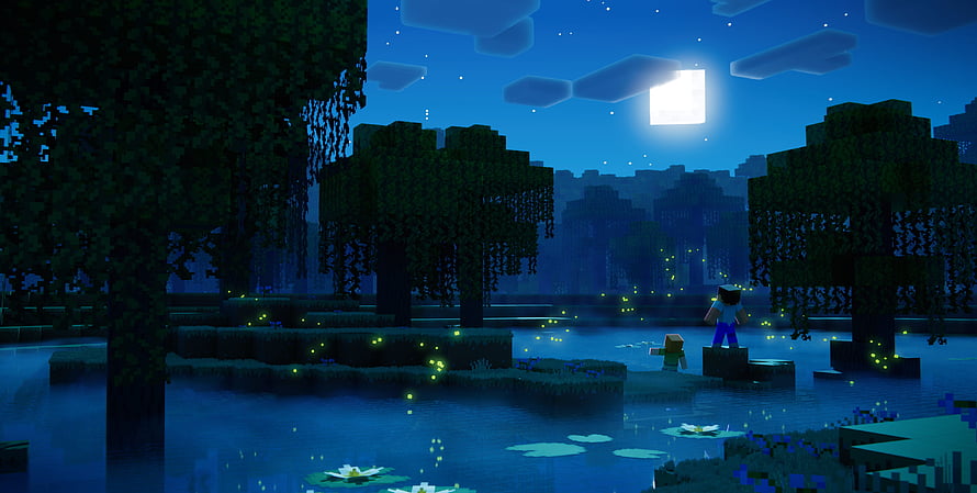 Minecraft Nighttime Swamp Biome Concept Art with Fireflies and Moonlit Water HD wallpaper