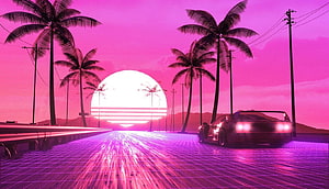 Retro 80s Synthwave Sunset with Neon Grid Road and Classic Sports Car HD wallpaper