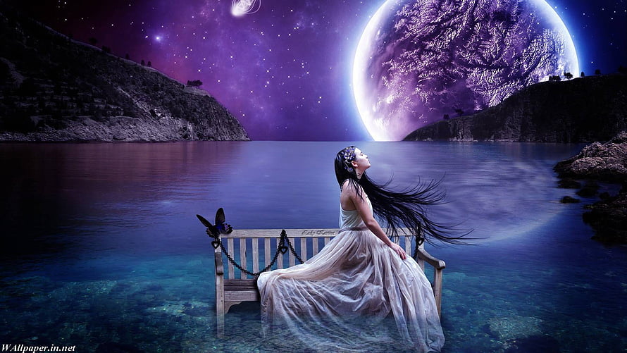 Ethereal Woman in White Gown on Bench Under Giant Purple Moon HD wallpaper
