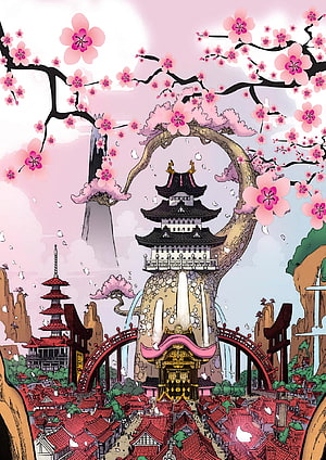 One Piece Wano Kuni Fantasy Landscape With Cherry Blossoms And Traditional Japanese Architecture HD phone wallpaper