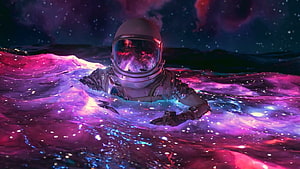 Astronaut Floating in a Glowing Nebula Ocean with Neon Purple and Pink Cosmic Waves HD wallpaper