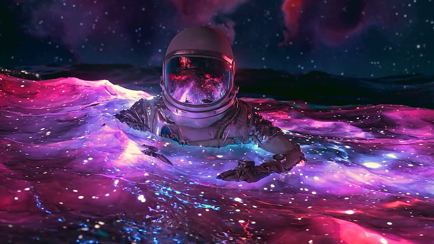 Astronaut Floating in a Glowing Nebula Ocean with Neon Purple and Pink Cosmic Waves HD wallpaper