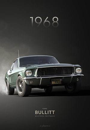1968 Ford Mustang Fastback Bullitt Edition in Dark Green with Dramatic Studio Lighting HD phone wallpaper