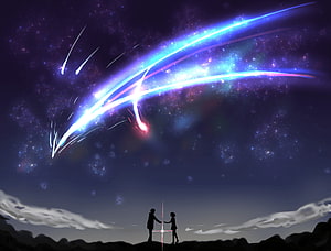 Your Name Anime Couple Silhouette Under Meteor Shower and Starry Night Sky HD wallpaper