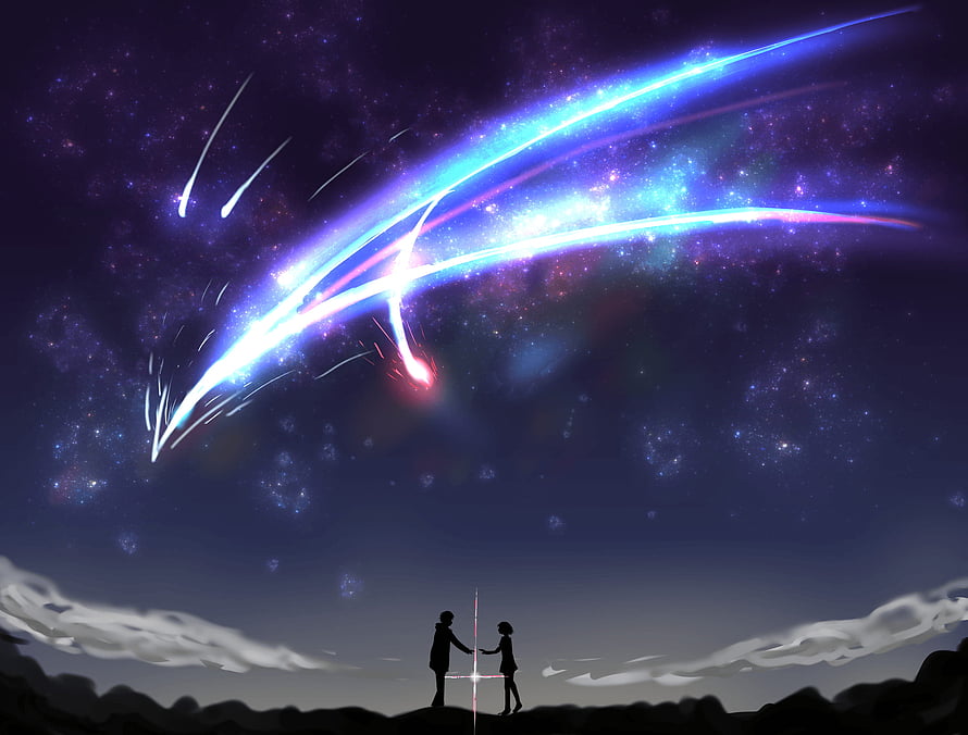 Your Name Anime Couple Silhouette Under Meteor Shower and Starry Night Sky HD wallpaper