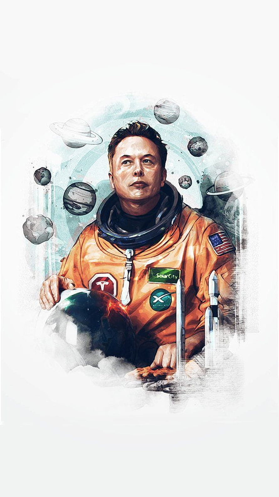 Elon Musk in a SpaceX suit holding a helmet with rockets and planets in a watercolor style HD phone wallpaper