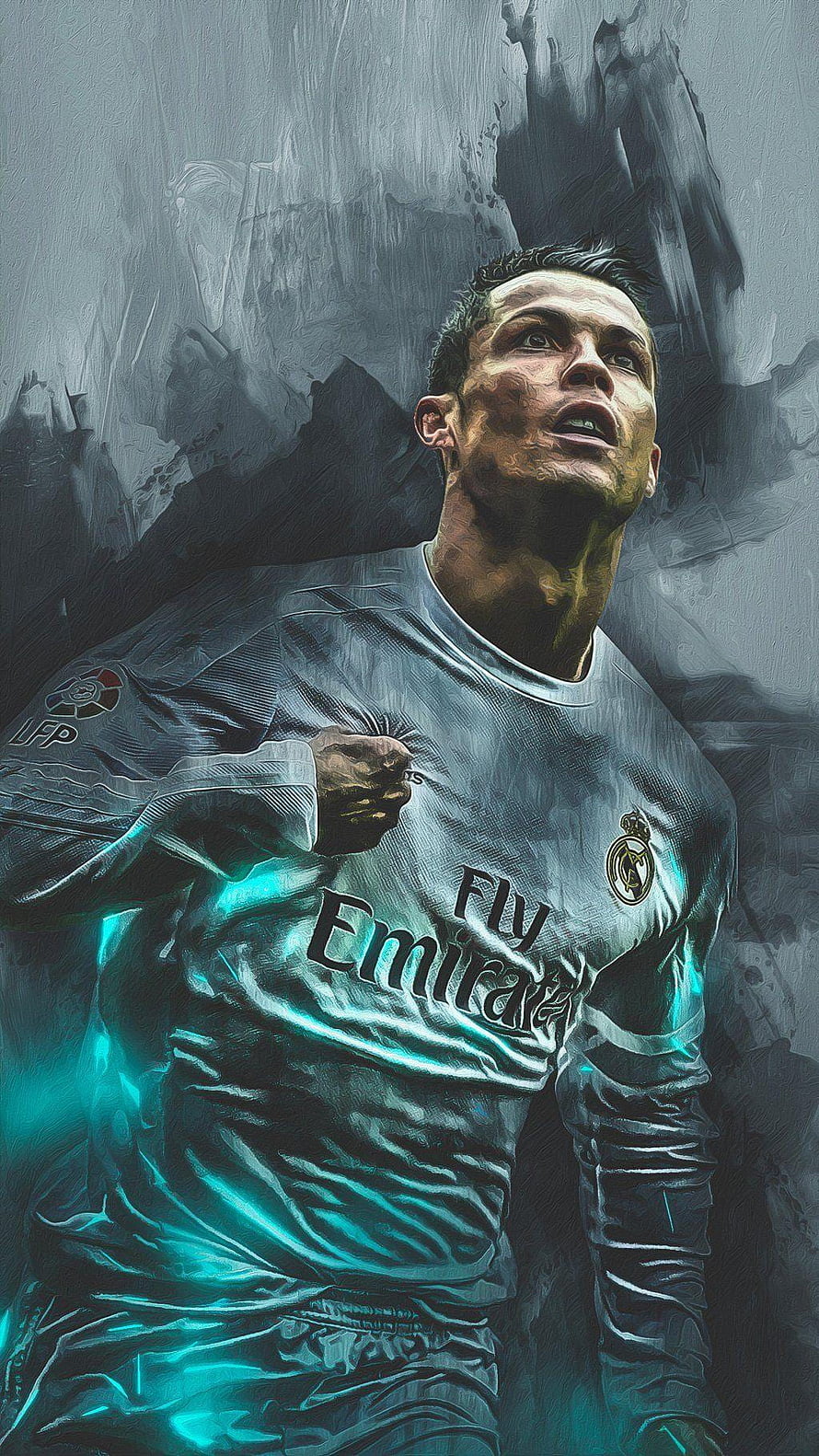 Cristiano Ronaldo Real Madrid Digital Art Portrait with Neon Cyan Accents HD phone wallpaper