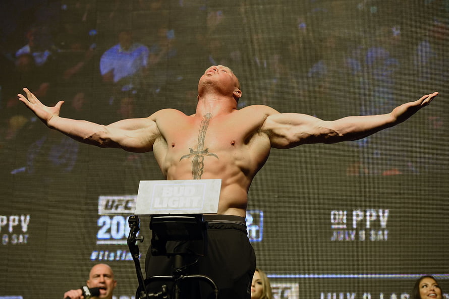 Brock Lesnar Weigh-In at UFC 200 with Arms Spread and Sword Tattoo HD wallpaper