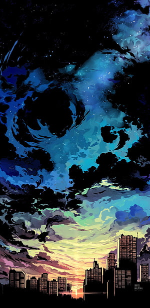 Anime City Skyline at Sunset with Dramatic Clouds and Starry Night Sky HD phone wallpaper