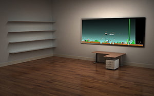 Modern minimalist office with wall-mounted monitor displaying pixel art game scene HD wallpaper