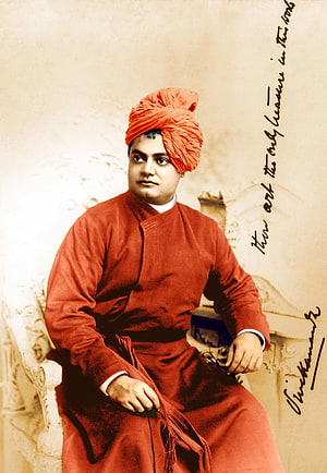 Swami Vivekananda in Traditional Red Attire and Turban Historical Portrait HD phone wallpaper