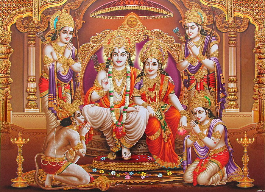 Ram Darbar: Lord Rama and Sita Seated on Throne with Hanuman and Attendants in Traditional Indian Art, High Resolution Ram Darbar, #ram darbar HD wallpaper