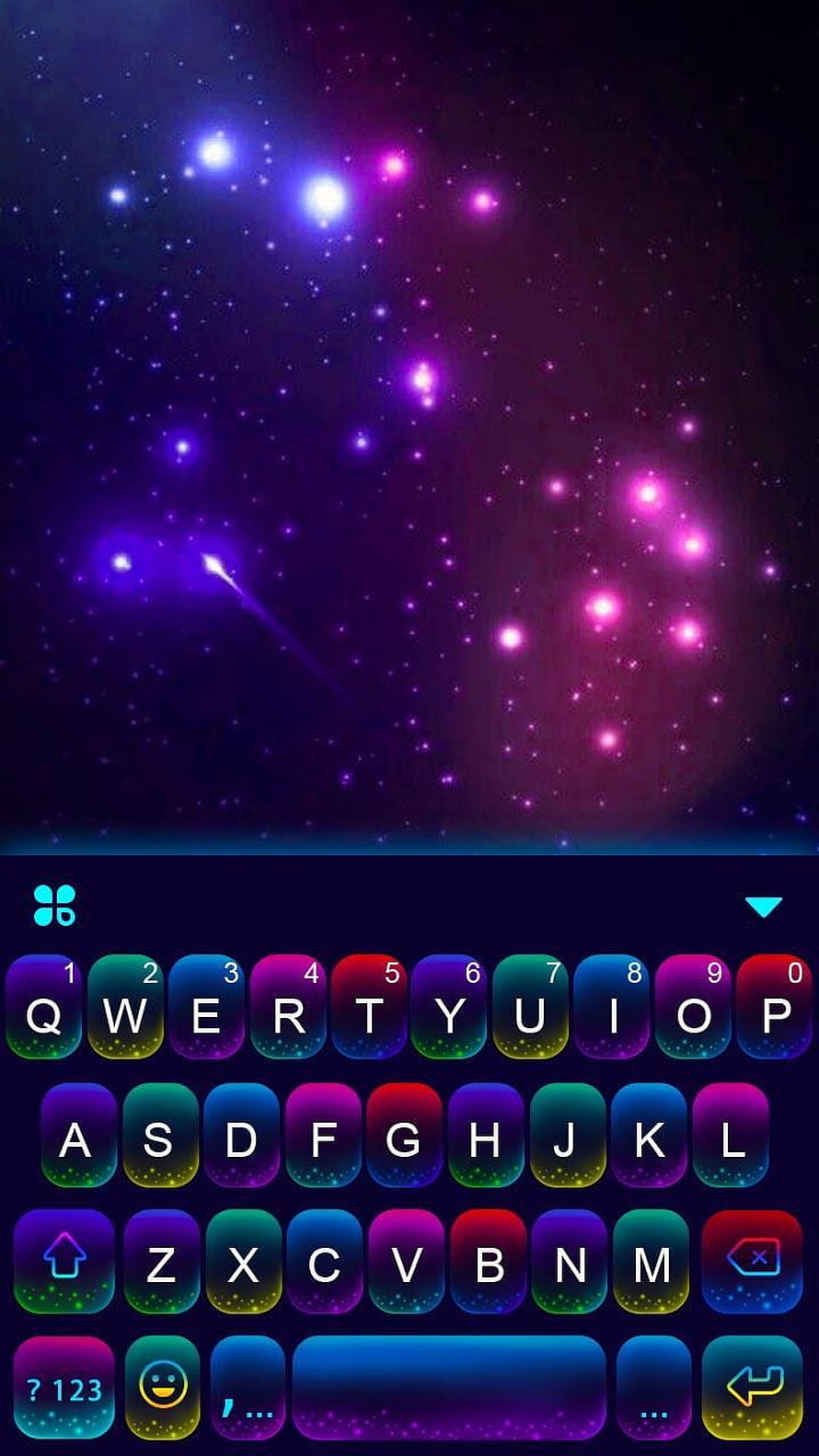 Vibrant Rainbow Keyboard Theme Set Against a Deep Purple Cosmic Starfield HD phone wallpaper