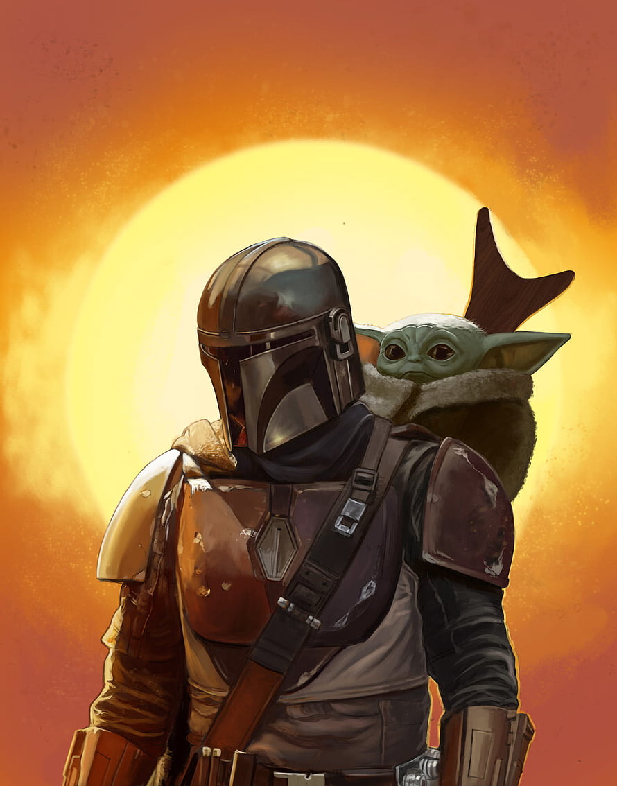 The Mandalorian and Grogu digital illustration set against a glowing orange sun HD phone wallpaper