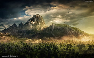Dramatic Mountain Peak Rising Above Lush Forest Under Stormy Sky HD wallpaper