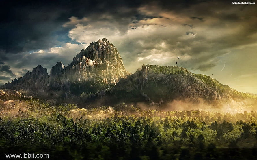 Dramatic Mountain Peak Rising Above Lush Forest Under Stormy Sky HD wallpaper