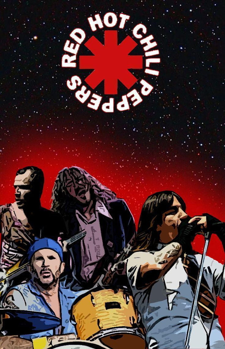 Red Hot Chili Peppers Band Members Illustrated Against Starry Red Sky HD phone wallpaper