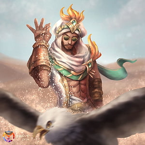 Khaleed from Mobile Legends in a desert scene with a soaring eagle and golden flame headdress HD phone wallpaper