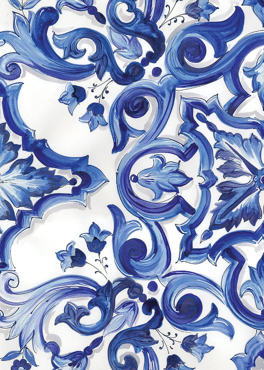 Dolce & Gabbana Blue and White Floral Baroque Pattern Design HD phone wallpaper