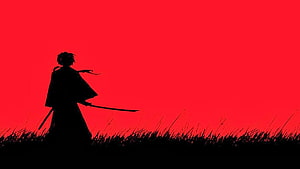 Silhouette of a samurai warrior holding a katana against a vivid red sky HD wallpaper