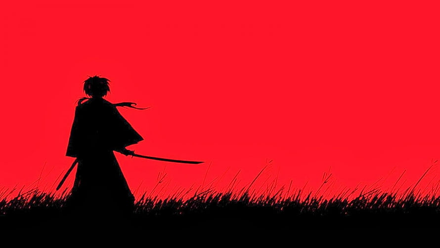 Silhouette of a samurai warrior holding a katana against a vivid red sky HD wallpaper