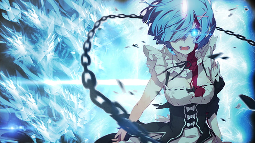 Re Zero Anime Character with Blue Hair and Chains in Dynamic Action Scene HD wallpaper