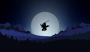 Demon Slayer Silhouette Leaping Against Full Moon Over Mountainous Night Landscape HD wallpaper