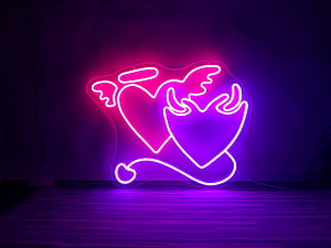 Glowing Angel and Devil Heart Neon Sign in Pink and Purple Light HD wallpaper