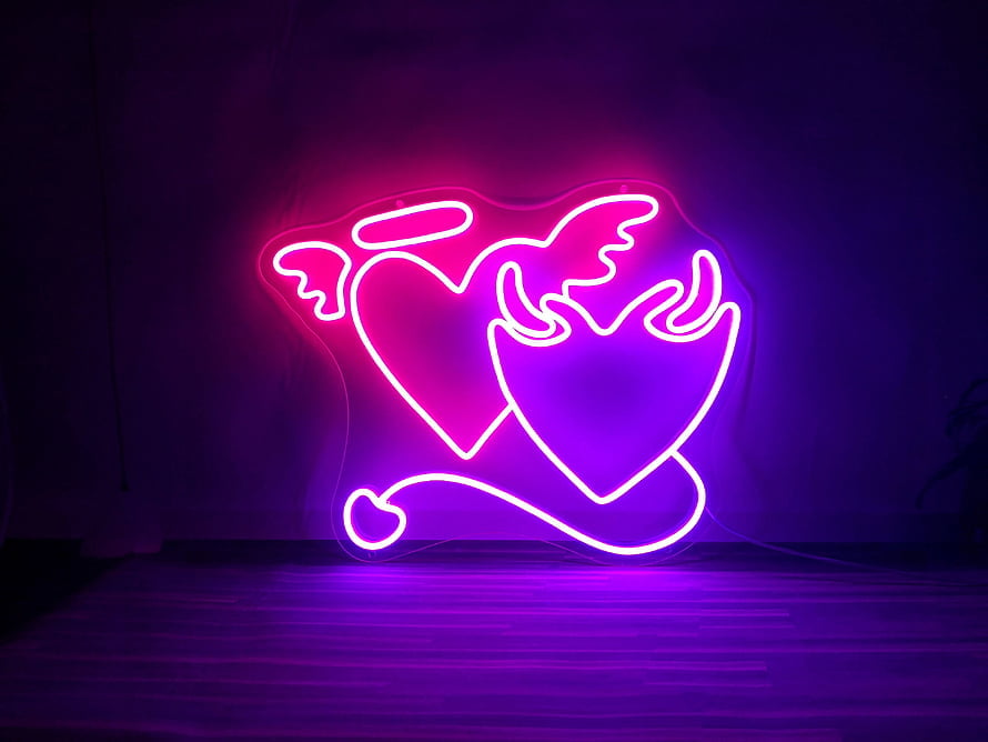 Glowing Angel and Devil Heart Neon Sign in Pink and Purple Light HD wallpaper