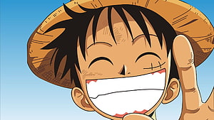 Monkey D. Luffy Smiling Close-Up Portrait with Straw Hat Against Blue Sky HD wallpaper