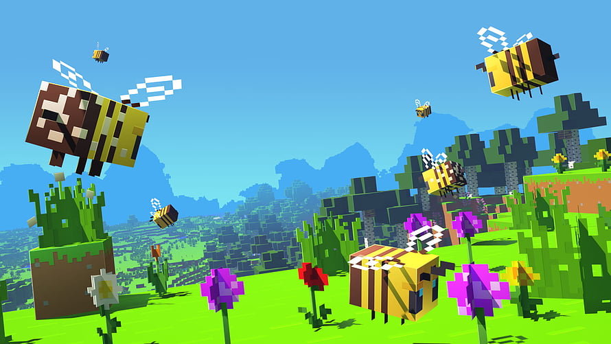 Minecraft Bee Update Scene With Blocky Insects Flying Over Vibrant Flower Fields HD wallpaper