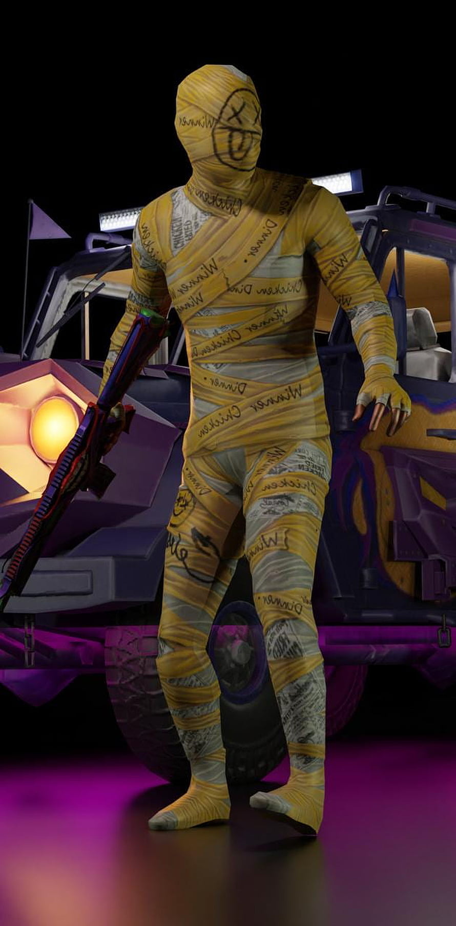 PUBG Mummy Skin Character Standing in Front of Purple Vehicle HD phone wallpaper