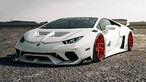 White Lamborghini Aventador with red wheels and LB-Works widebody kit in desert HD wallpaper