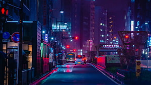 Moody Cyberpunk City Street at Night with Neon Lights and Rain HD wallpaper