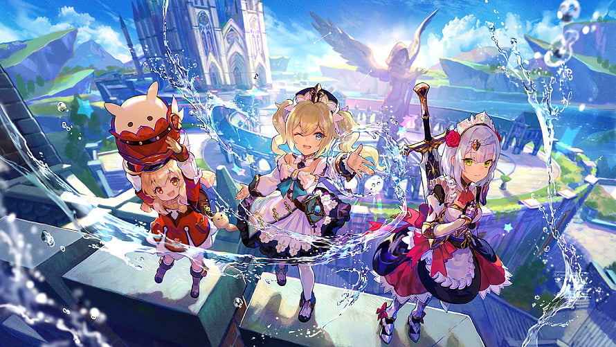 Genshin Impact Characters Barbara and Noel in Vibrant Fantasy Cityscape HD wallpaper