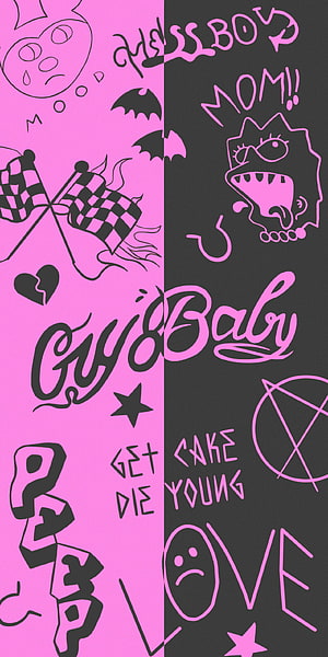 Lil Peep Pink and Black Doodle Art with Cyber Baby and Get Die Young Text HD phone wallpaper
