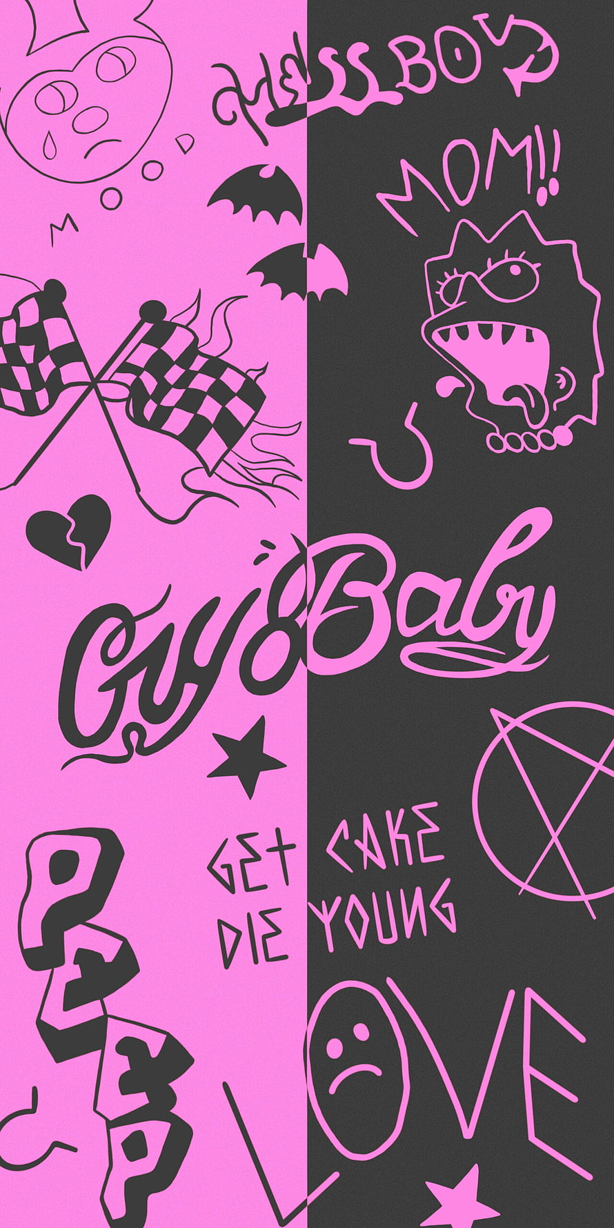 Lil Peep Pink and Black Doodle Art with Cyber Baby and Get Die Young Text HD phone wallpaper