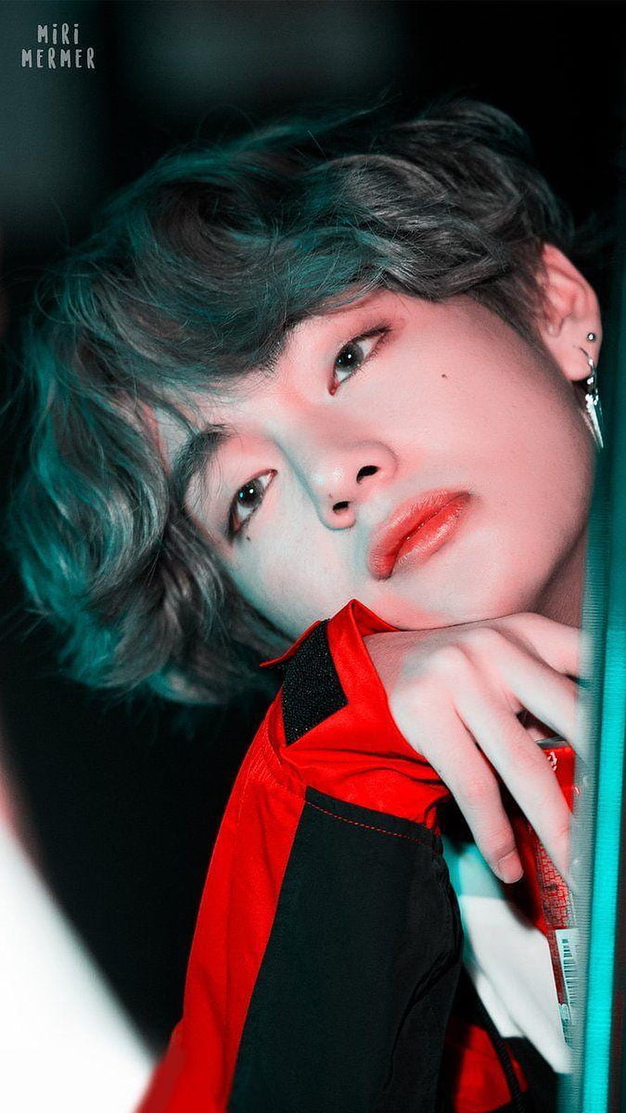 Kim Taehyung BTS Portrait in Red and Black Jacket with Teal Lighting HD phone wallpaper