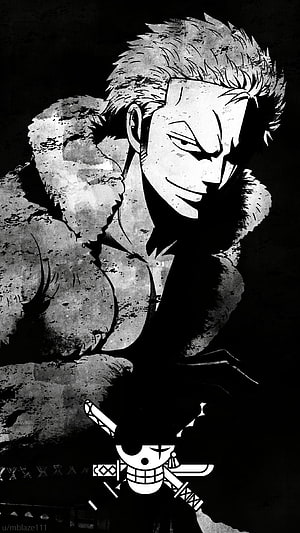 Roronoa Zoro One Piece Anime Character Black and White Grunge Portrait HD phone wallpaper